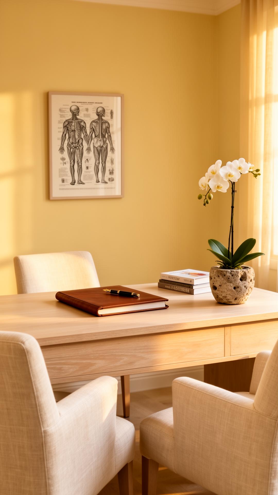 A consultation room with two chairs either side of a desk and a screen showing results.