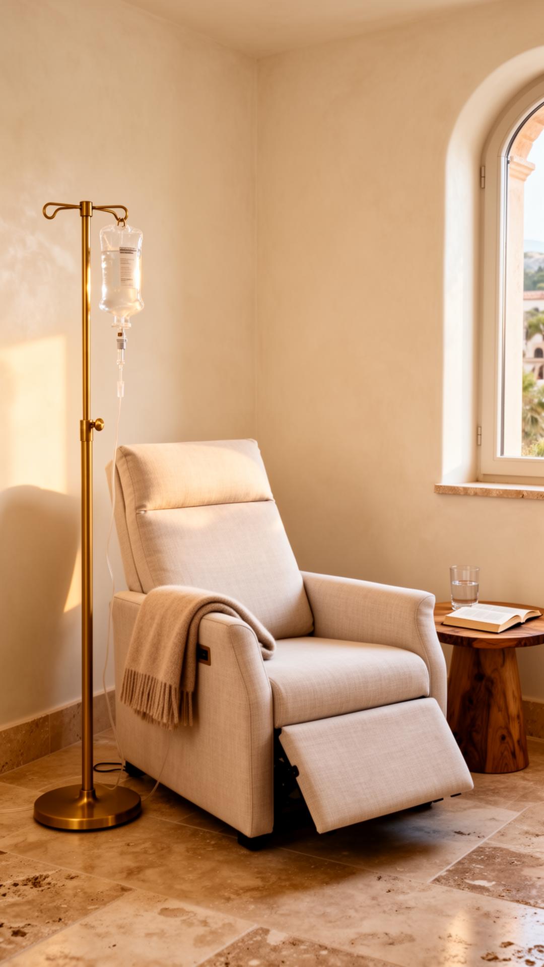 A treatment suite with a reclining chair, equipment trolley and daylight from a side window.