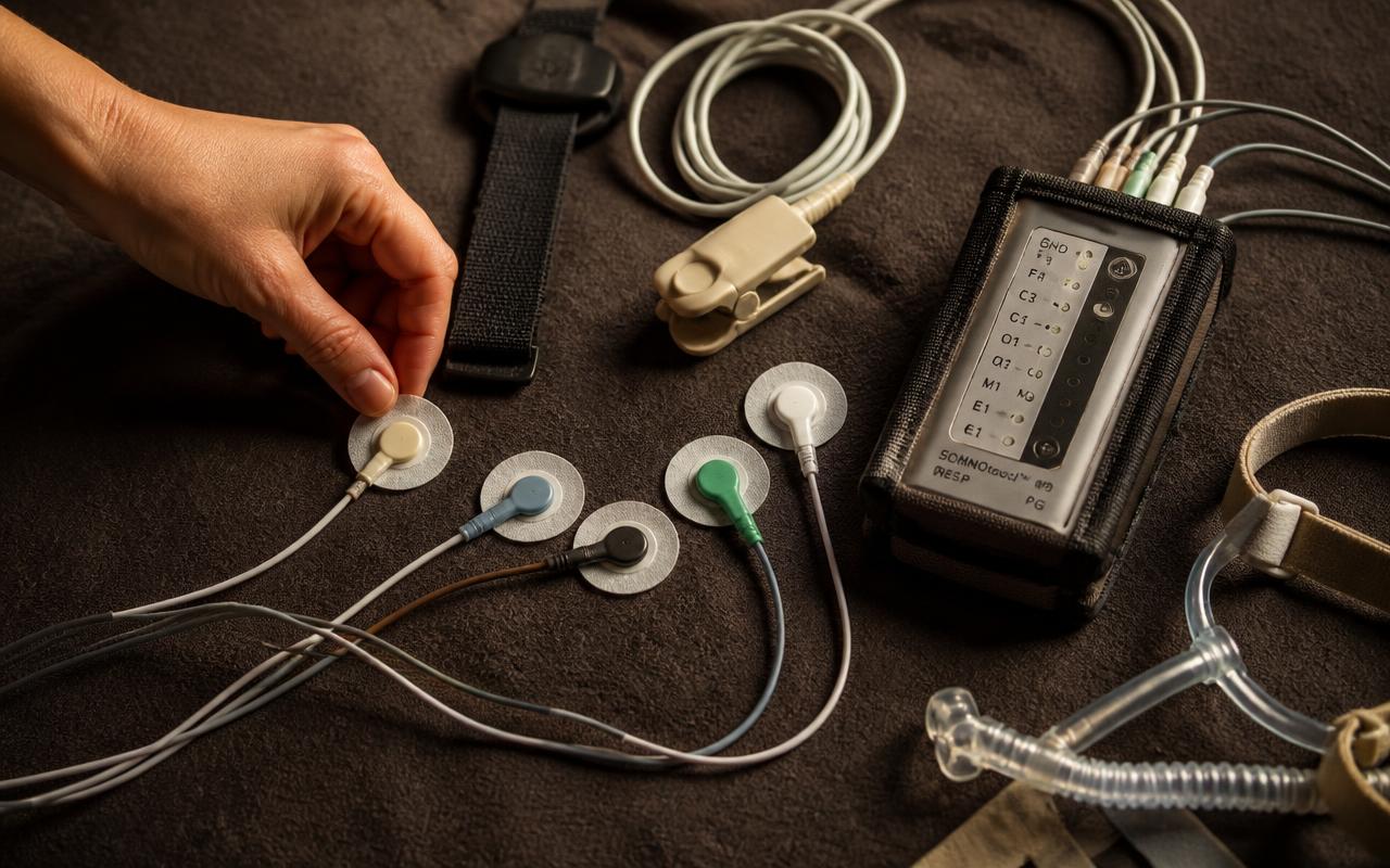 Sleep recording sensors and leads laid out on white linen before an overnight study.