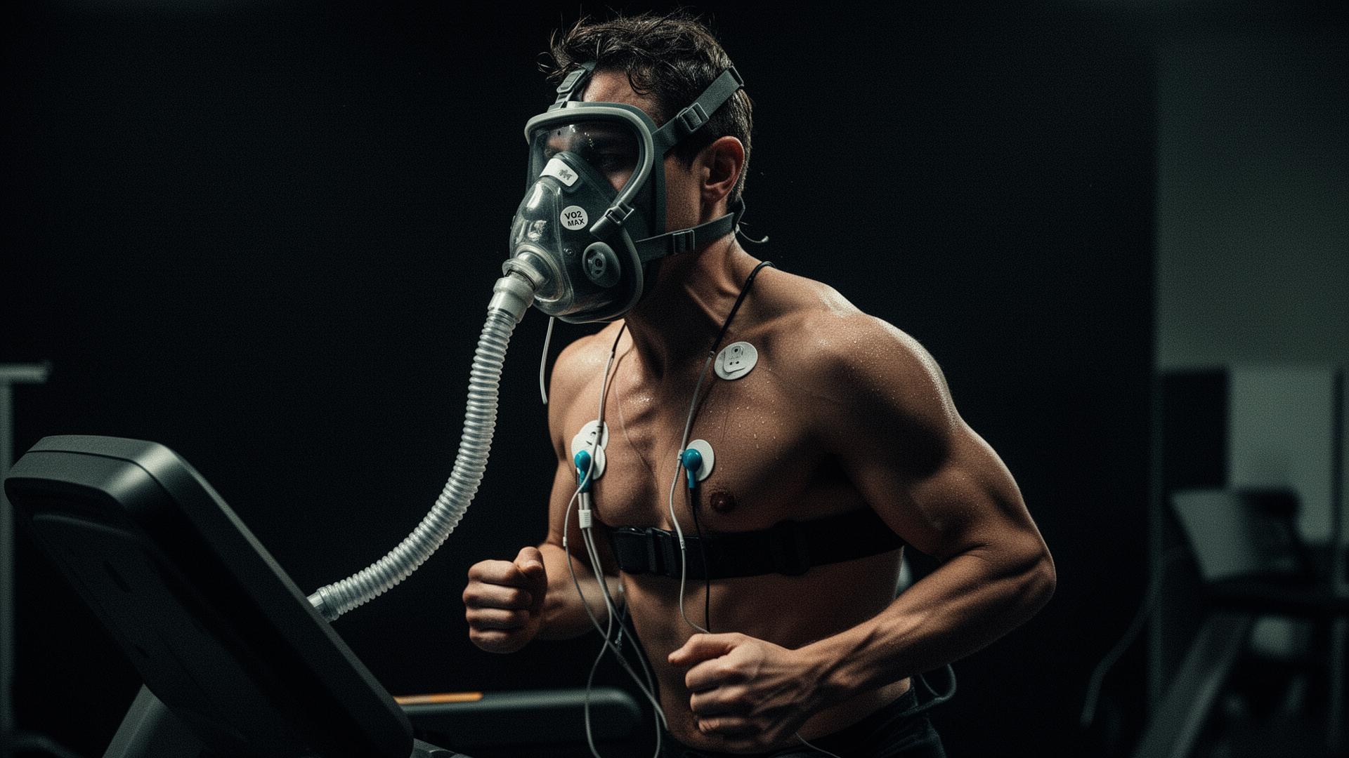 Athlete during VO₂ max test on treadmill with metabolic mask and ECG
